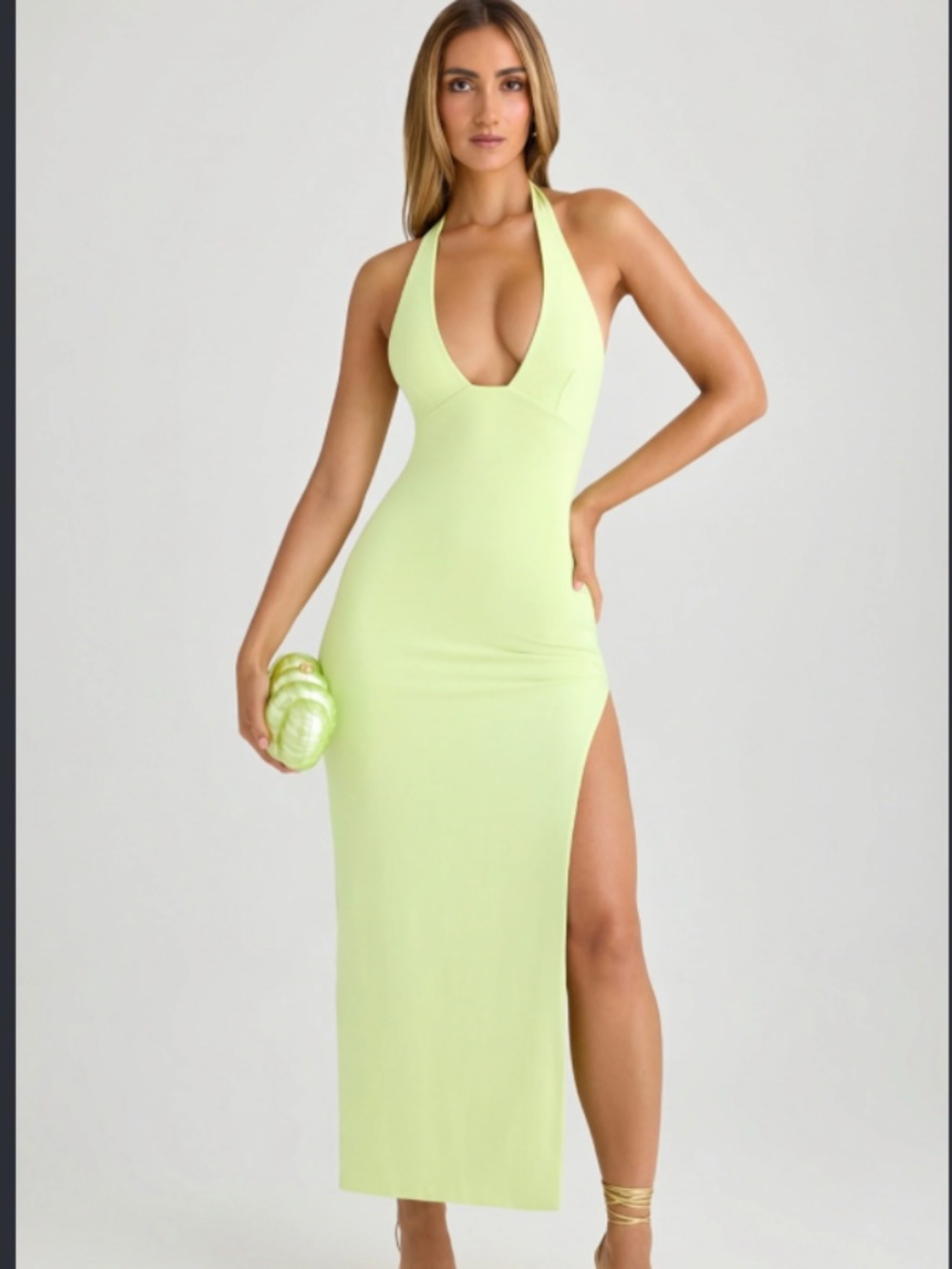 Oh Polly Modal Halterneck Maxi Dress in Matcha